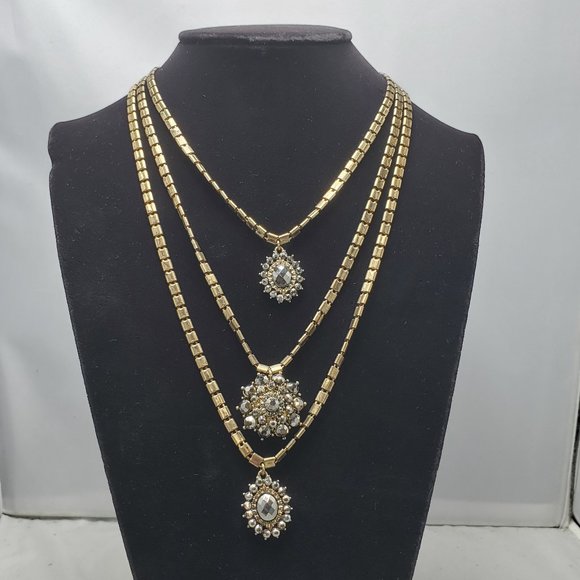 Bijou Drive antique gold 3 row layered necklace with hematite stone clusters - Picture 1 of 5